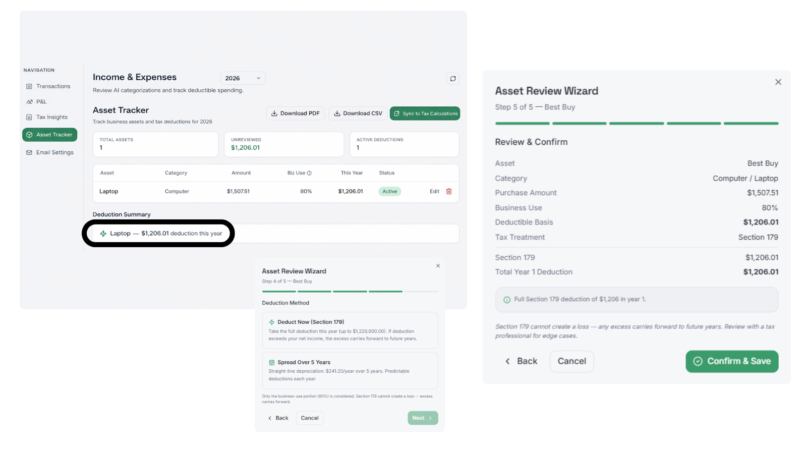 Software interface shows a freelancer's asset depreciation tax deductions for a laptop.